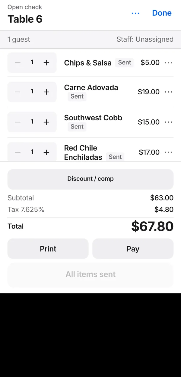 Open check on an iPhone with Print and Pay buttons