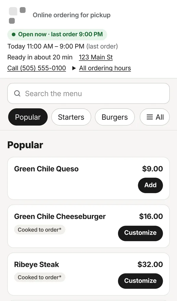 Online ordering page for pickup showing open hours and the Popular menu